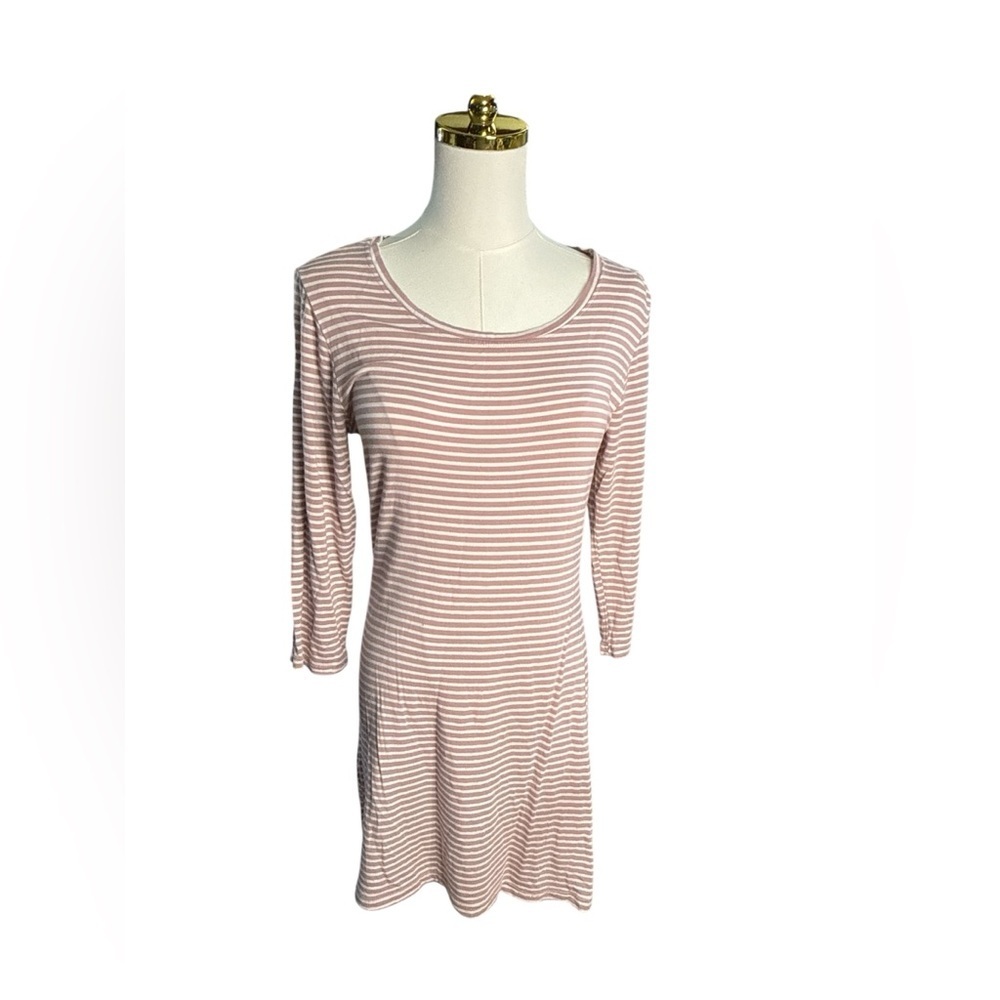 Heart Hips Dusty Rose Pink and Cream Beige Striped Long Sleeve Body Dress Size L